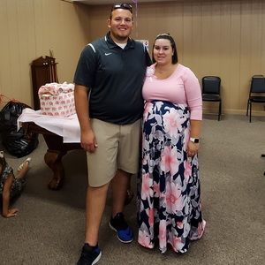 Pink and navy maternity dress